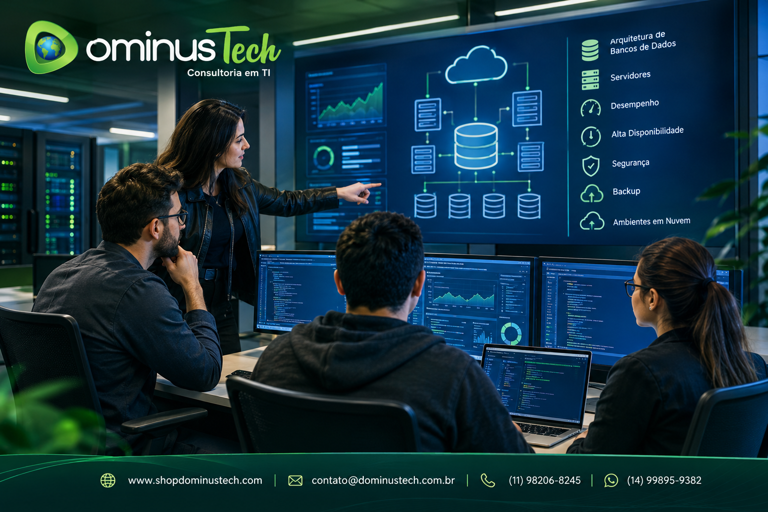 Equipe técnica da Dominus Tech analisando arquitetura de bancos de dados, servidores, desempenho, alta disponibilidade, segurança, backup e ambientes em nuvem.