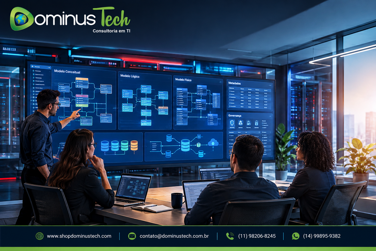 Equipe Dominus Tech trabalhando com modelagem de dados, modelos conceitual, lógico e físico, metadados e governança
