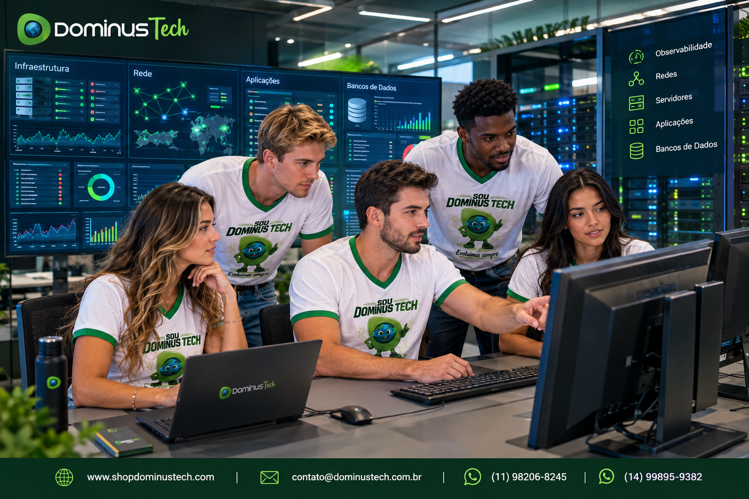 Equipe Dominus Tech analisando ambiente corporativo de observabilidade, redes, servidores, aplicações e bancos de dados